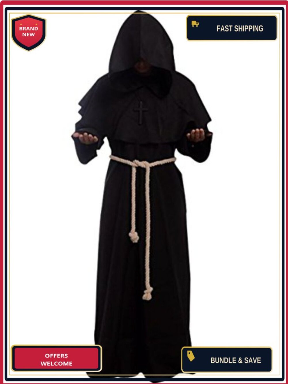 Medieval Friar Monk Hooded Robe Costume Cosplay Halloween